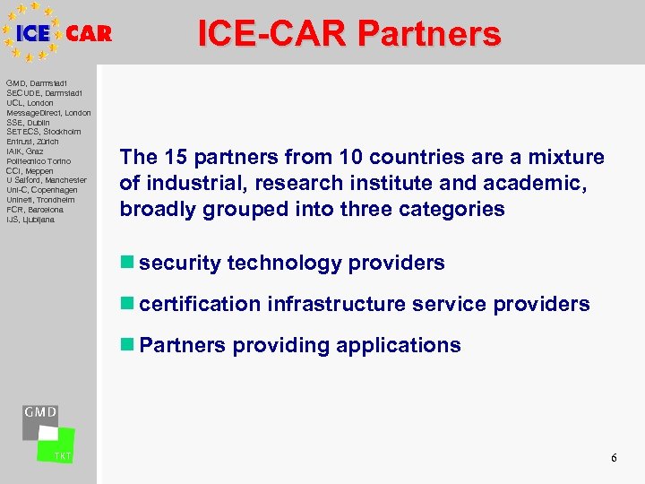 ICE-CAR Partners GMD, Darmstadt SECUDE, Darmstadt UCL, London Message. Direct, London SSE, Dublin SETECS,