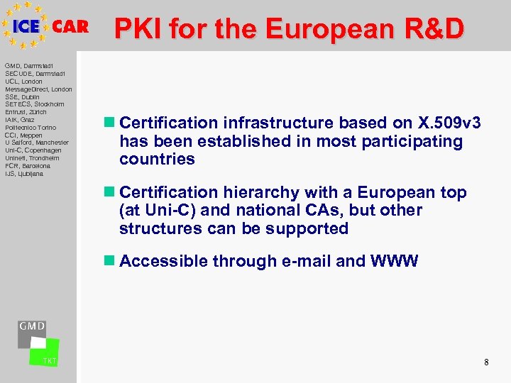 PKI for the European R&D GMD, Darmstadt SECUDE, Darmstadt UCL, London Message. Direct, London