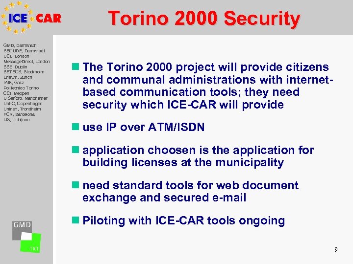 Torino 2000 Security GMD, Darmstadt SECUDE, Darmstadt UCL, London Message. Direct, London SSE, Dublin