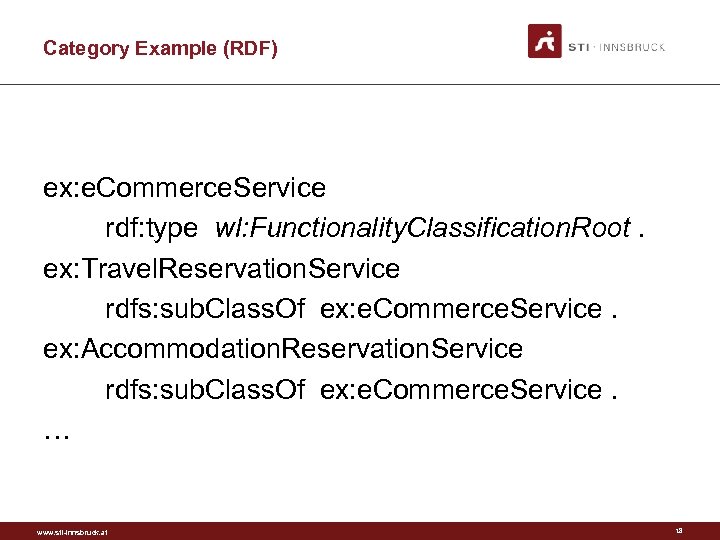 Category Example (RDF) ex: e. Commerce. Service rdf: type wl: Functionality. Classification. Root. ex: