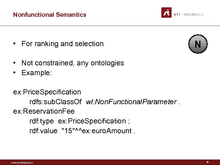 Nonfunctional Semantics • For ranking and selection N • Not constrained, any ontologies •