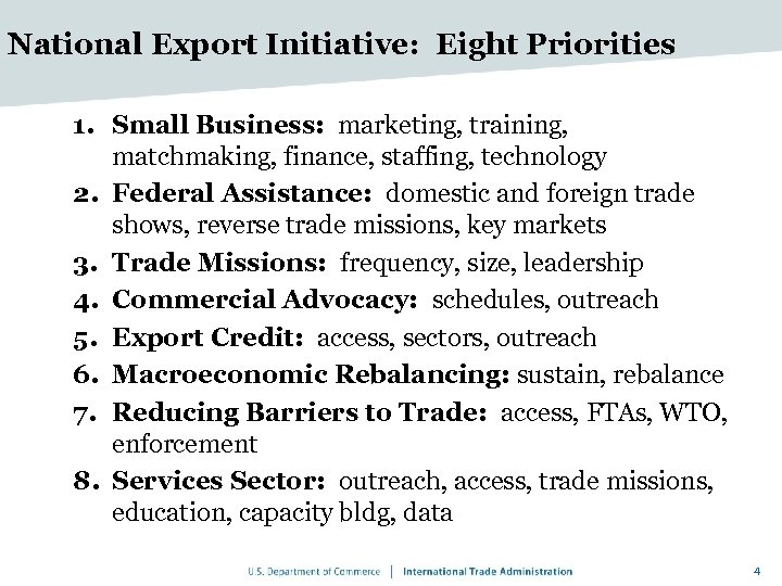 National Export Initiative: Eight Priorities 1. Small Business: marketing, training, matchmaking, finance, staffing, technology