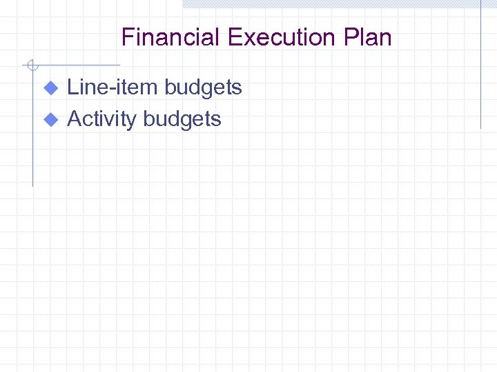Financial Execution Plan Line-item budgets u Activity budgets u 