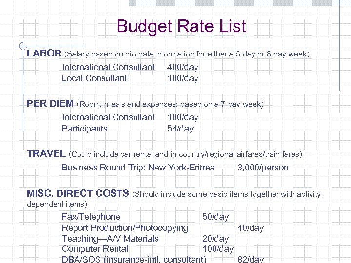Budget Rate List LABOR (Salary based on bio-data information for either a 5 -day