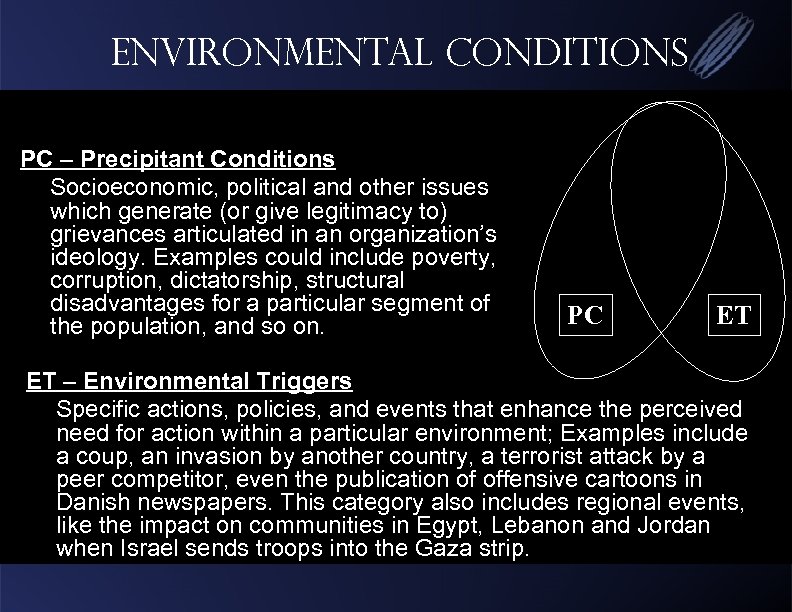 Environmental conditions PC – Precipitant Conditions Socioeconomic, political and other issues which generate (or