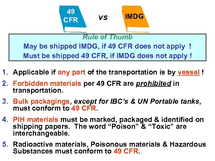 49 CFR vs IMDG Rule of Thumb May be shipped IMDG, if 49 CFR