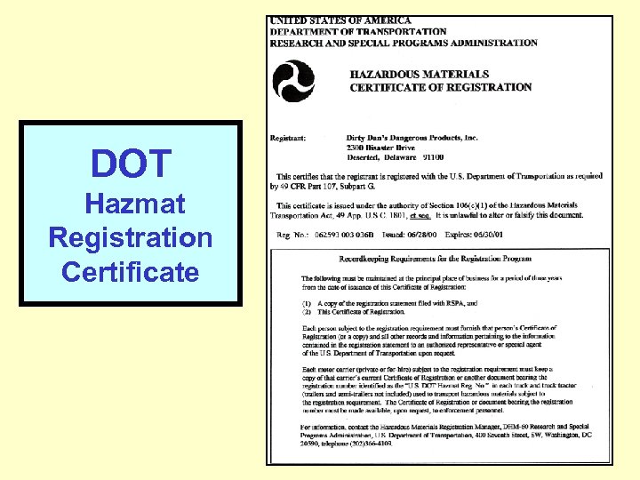 DOT Hazmat Registration Certificate 