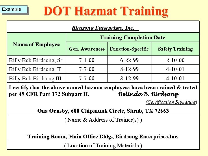 Example DOT Hazmat Training Birdsong Enterprises, Inc. Training Completion Date Name of Employee Gen.