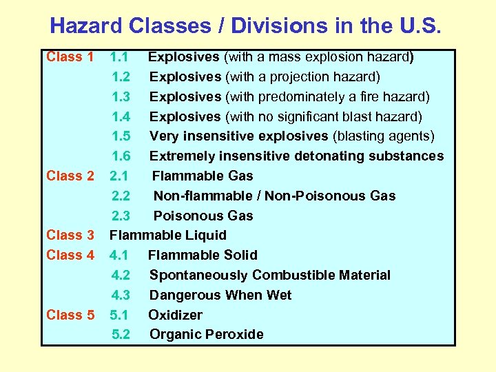 Hazard Classes / Divisions in the U. S. Class 1 Class 2 Class 3