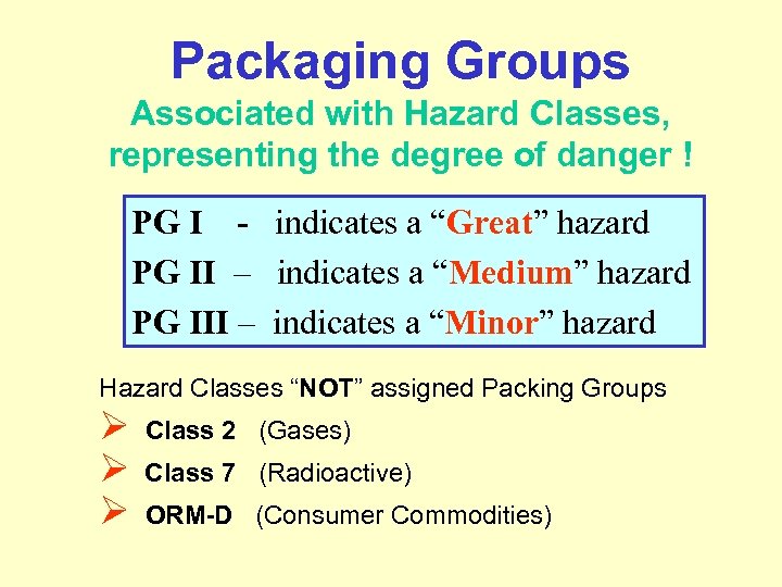 Packaging Groups Associated with Hazard Classes, representing the degree of danger ! PG I