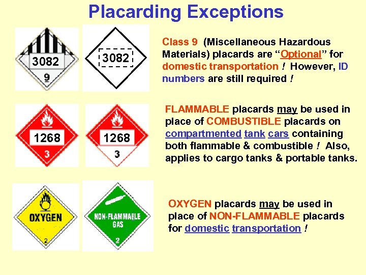 Placarding Exceptions 3082 1268 3082 Class 9 (Miscellaneous Hazardous Materials) placards are “Optional” for