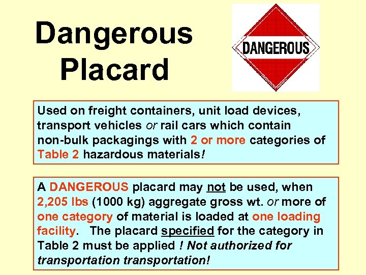 Dangerous Placard Used on freight containers, unit load devices, transport vehicles or rail cars