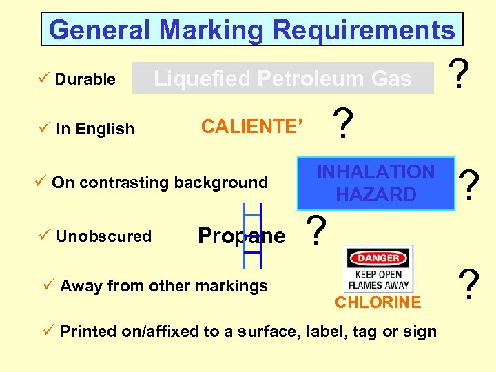 General Marking Requirements ü Durable ü In English Liquefied Petroleum Gas ü Unobscured ?