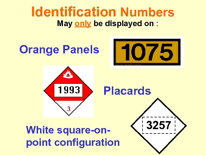 Identification Numbers May only be displayed on : Orange Panels Placards White square-onpoint configuration