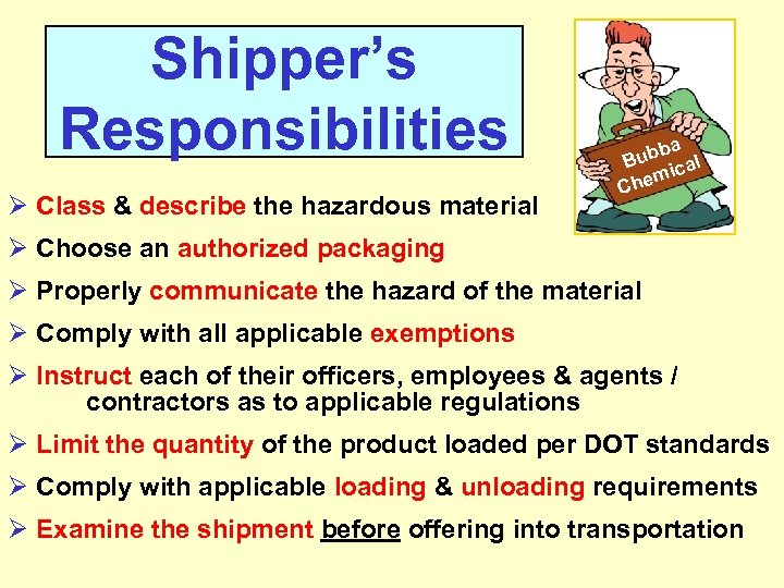Shipper’s Responsibilities Ø Class & describe the hazardous material ba Bub ical m Che