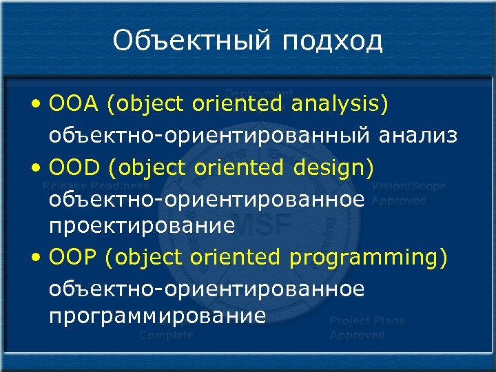 Объектный подход • OOA (object oriented analysis) объектно-ориентированный анализ • OOD (object oriented design)