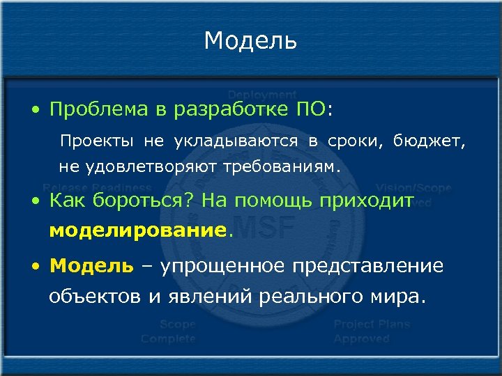 Модель • Проблема в разработке ПО: Проекты не укладываются в сроки, бюджет, не удовлетворяют