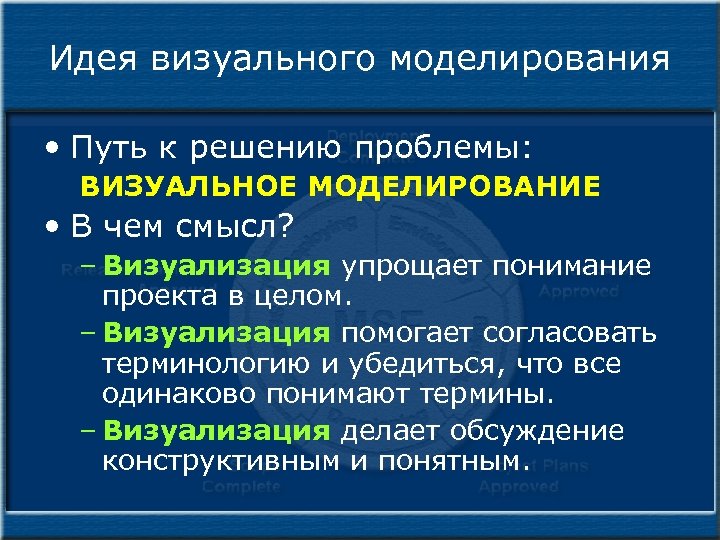 Идея визуального моделирования • Путь к решению проблемы: ВИЗУАЛЬНОЕ МОДЕЛИРОВАНИЕ • В чем смысл?