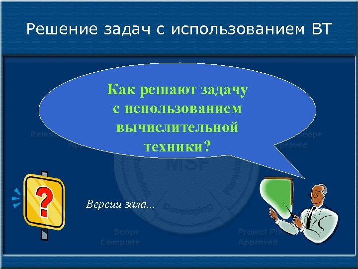 Решение задач с использованием ВТ Как решают задачу с использованием вычислительной техники? Версии зала.