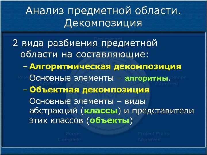 Анализ предметной области. Декомпозиция 2 вида разбиения предметной области на составляющие: – Алгоритмическая декомпозиция