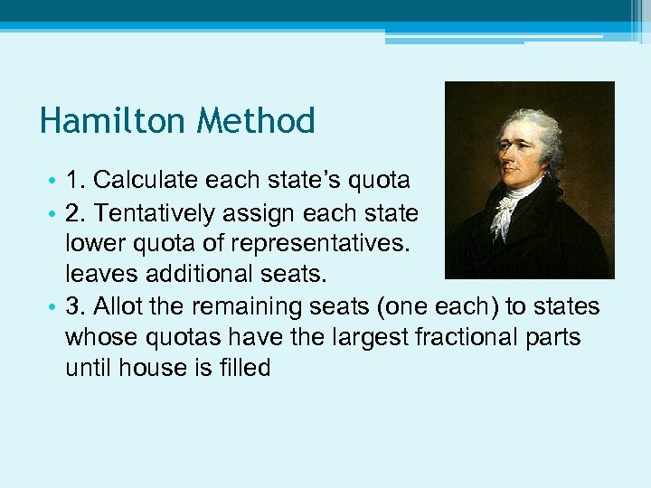 Hamilton Method • 1. Calculate each state’s quota • 2. Tentatively assign each state