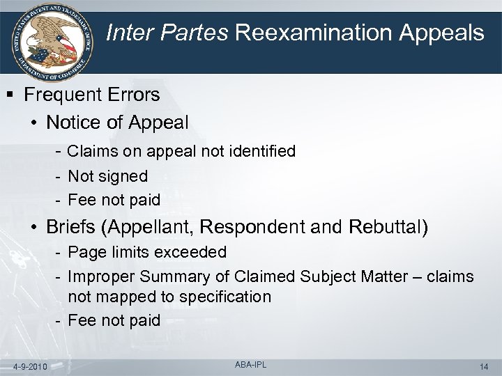 Inter Partes Reexamination Appeals § Frequent Errors • Notice of Appeal - Claims on