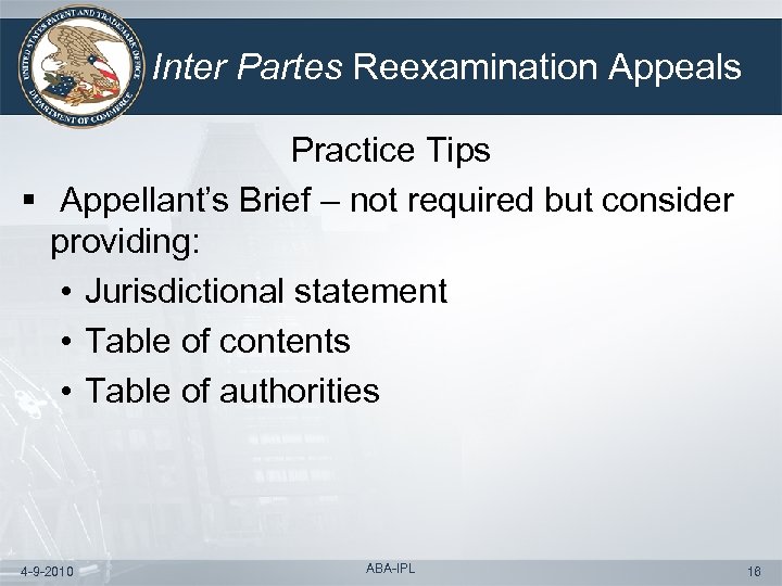 Inter Partes Reexamination Appeals Practice Tips § Appellant’s Brief – not required but consider