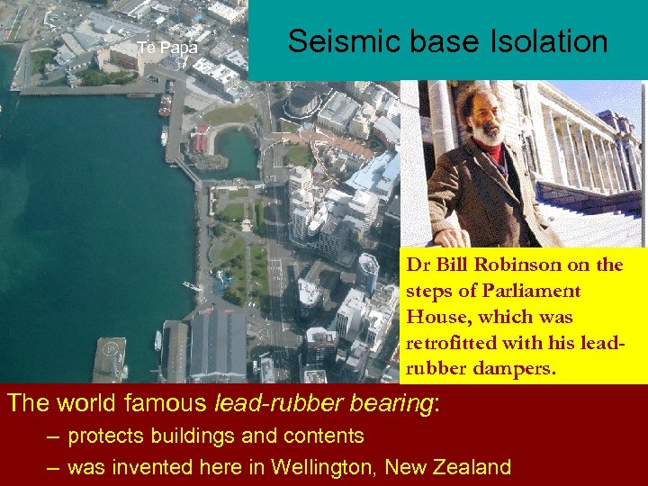 Te Papa Seismic base Isolation Dr Bill Robinson on the steps of Parliament House,