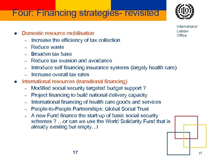 Four: Financing strategies- revisited l l Domestic resource mobilisation – Increase the efficiency of