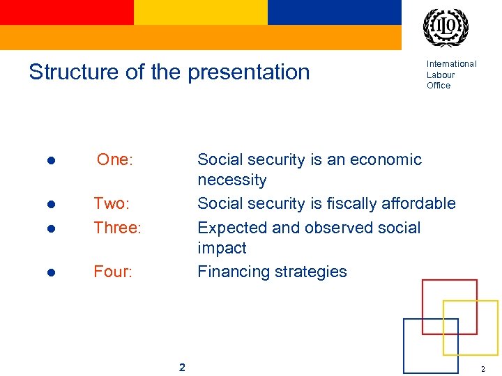 Structure of the presentation l One: l l Two: Three: l Four: International Labour