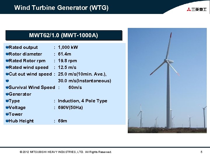 Wind Turbine Generator (WTG) MWT 62/1. 0 (MWT-1000 A) Rated output Rotor diameter Rated