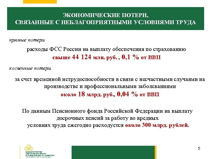 ЭКОНОМИЧЕСКИЕ ПОТЕРИ, СВЯЗАННЫЕ С НЕБЛАГОПРИЯТНЫМИ УСЛОВИЯМИ ТРУДА прямые потери расходы ФСС России на выплату