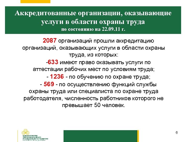 Аккредитованные организации, оказывающие услуги в области охраны труда по состоянию на 22. 09. 11