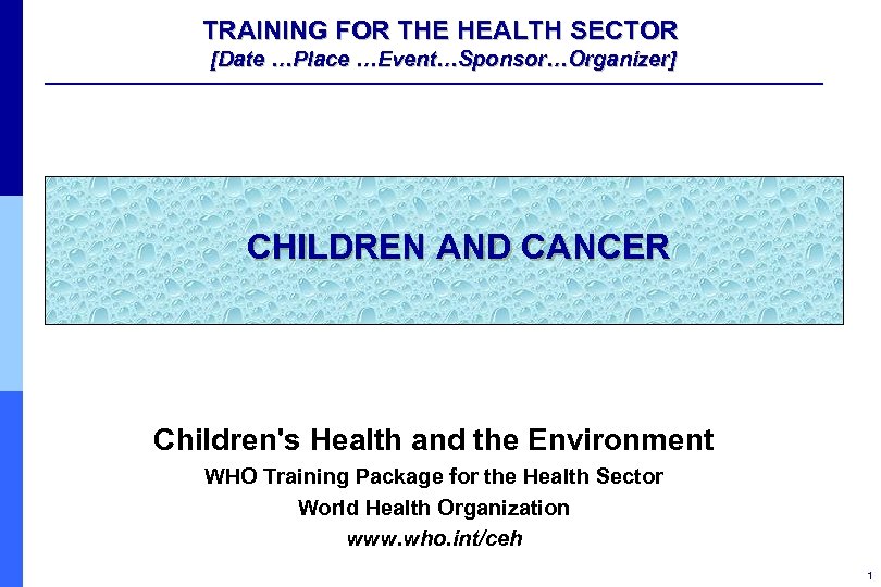 TRAINING FOR THE HEALTH SECTOR [Date …Place …Event…Sponsor…Organizer] CHILDREN AND CANCER Children's Health and