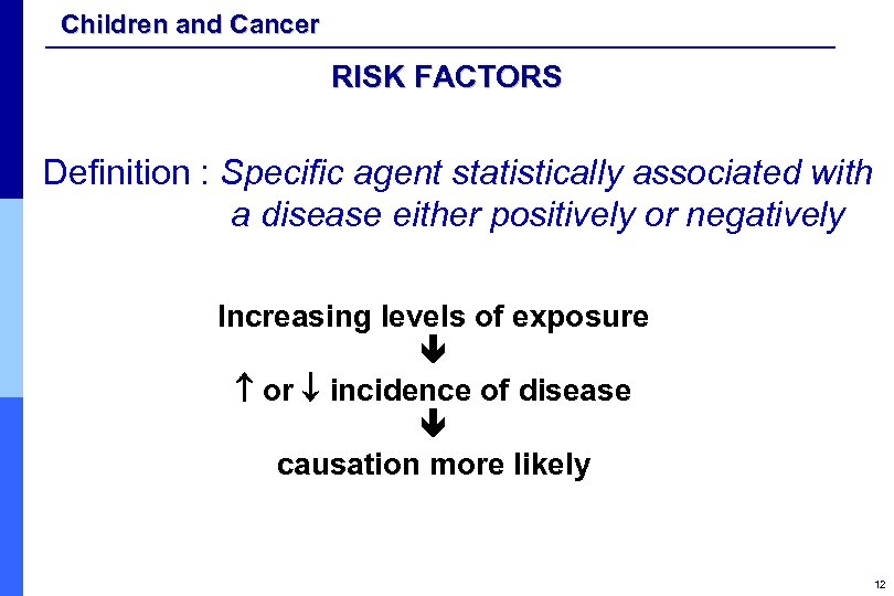 Children and Cancer RISK FACTORS Definition : Specific agent statistically associated with a disease
