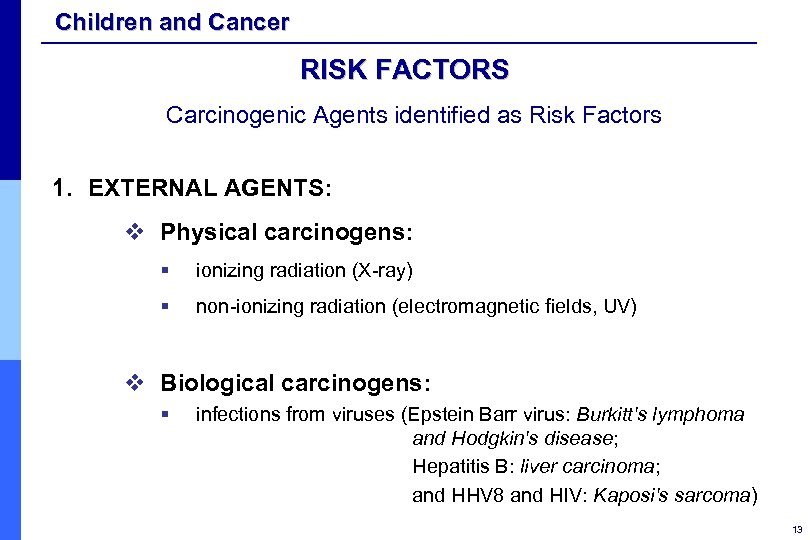 Children and Cancer RISK FACTORS Carcinogenic Agents identified as Risk Factors 1. EXTERNAL AGENTS:
