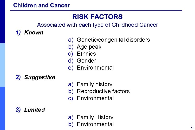 Children and Cancer RISK FACTORS Associated with each type of Childhood Cancer 1) Known