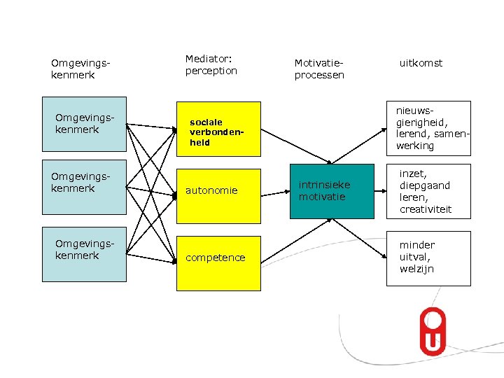 Omgevingskenmerk Mediator: perception Motivatieprocessen nieuwsgierigheid, lerend, samenwerking sociale verbondenheid autonomie competence uitkomst intrinsieke motivatie