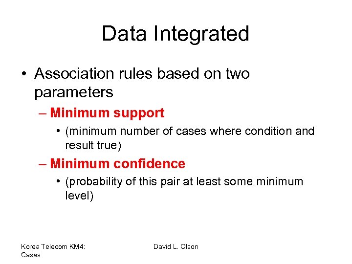 Data Integrated • Association rules based on two parameters – Minimum support • (minimum