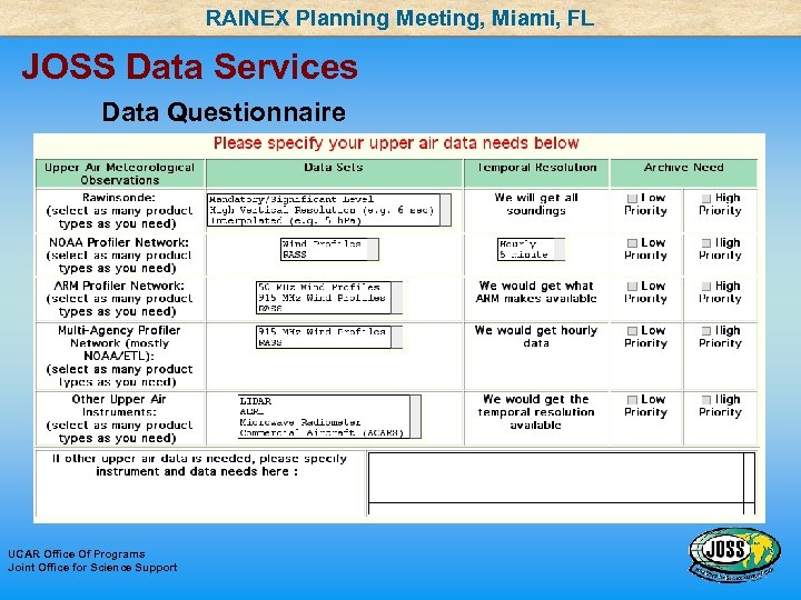 RAINEX Planning Meeting, Miami, FL JOSS Data Services Data Questionnaire UCAR Office Of Programs