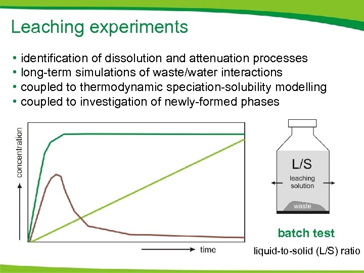 Leaching experiments • identification of dissolution and attenuation processes • long-term simulations of waste/water