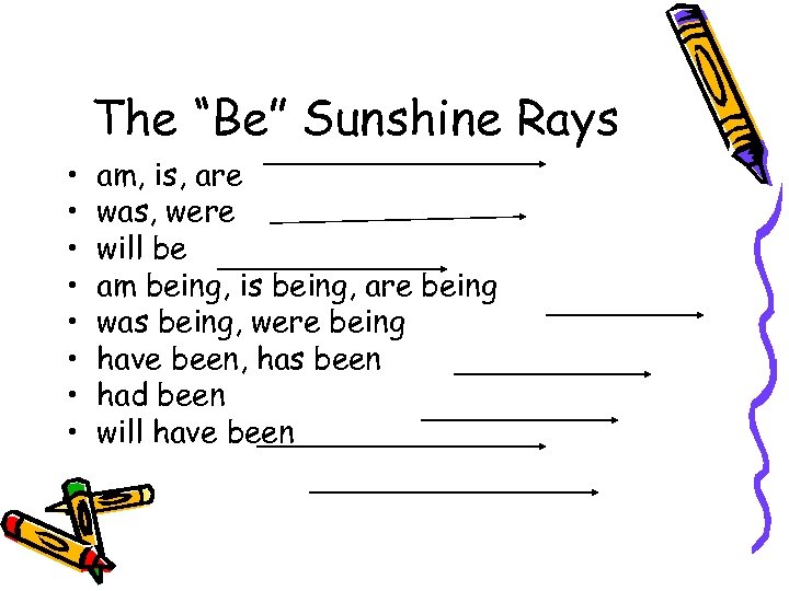 The “Be” Sunshine Rays • • am, is, are was, were will be am