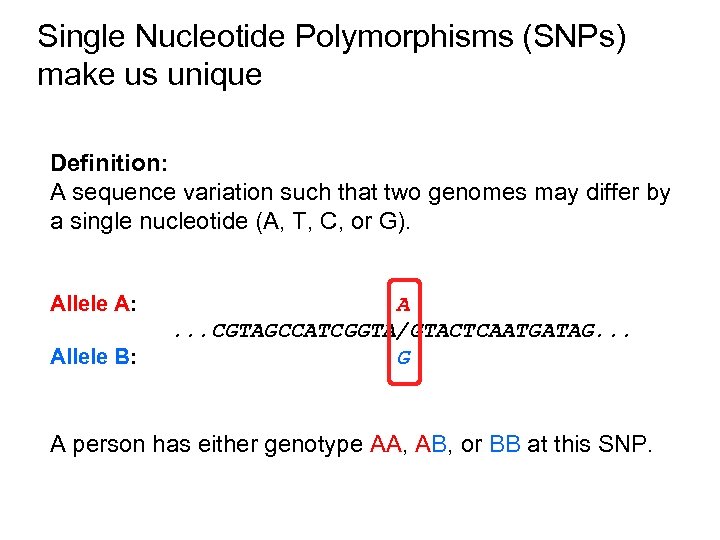 Single Nucleotide Polymorphisms (SNPs) make us unique Definition: A sequence variation such that two