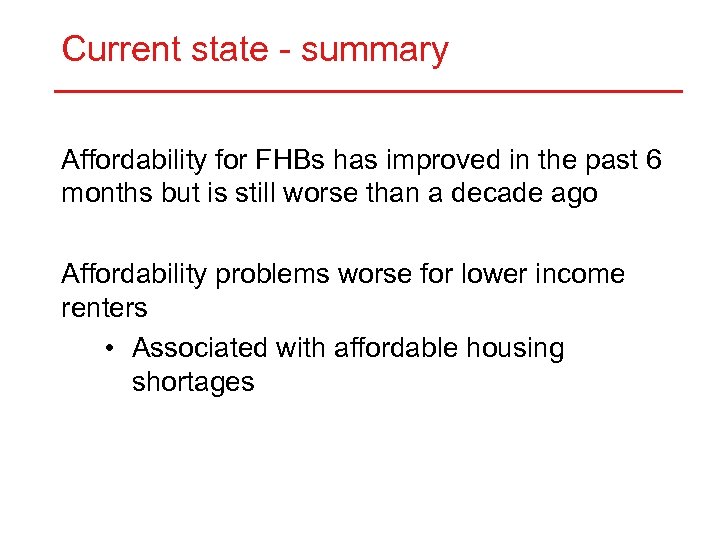 Current state - summary Affordability for FHBs has improved in the past 6 months