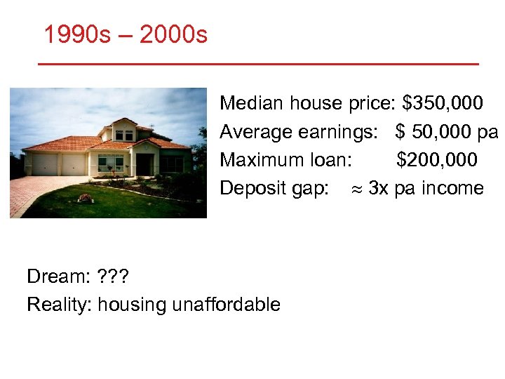 1990 s – 2000 s • • Median house price: $350, 000 Average earnings: