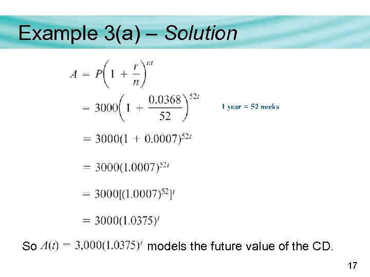 Example 3(a) – Solution So models the future value of the CD. 17 