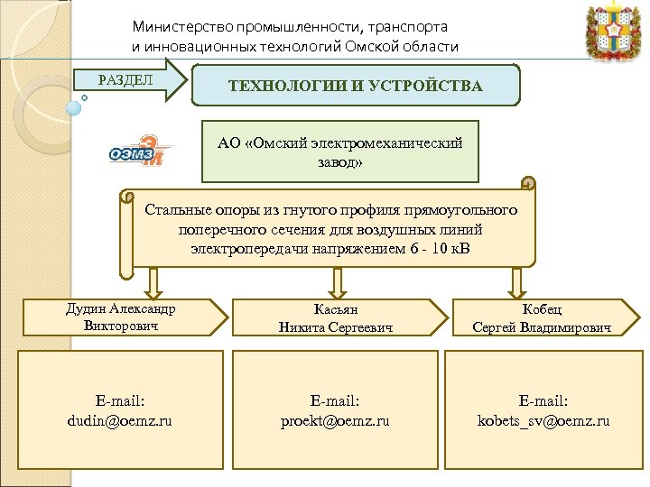 Министерство промышленности, транспорта и инновационных технологий Омской области РАЗДЕЛ ТЕХНОЛОГИИ И УСТРОЙСТВА АО «Омский