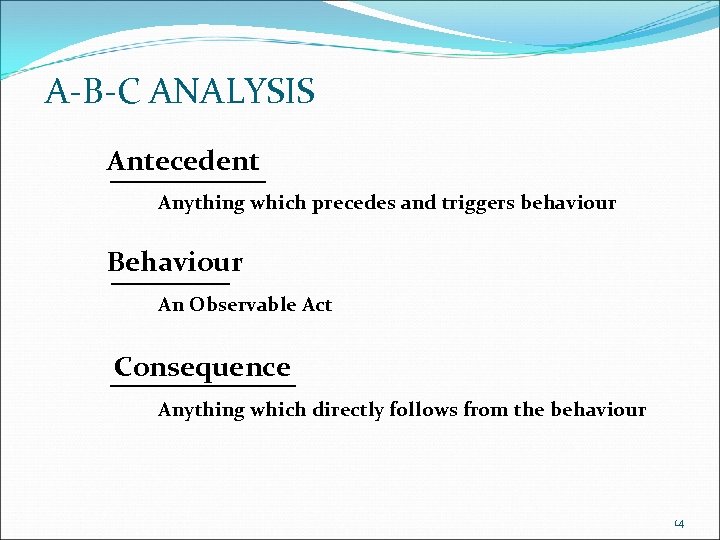 A-B-C ANALYSIS Antecedent Anything which precedes and triggers behaviour Behaviour An Observable Act Consequence