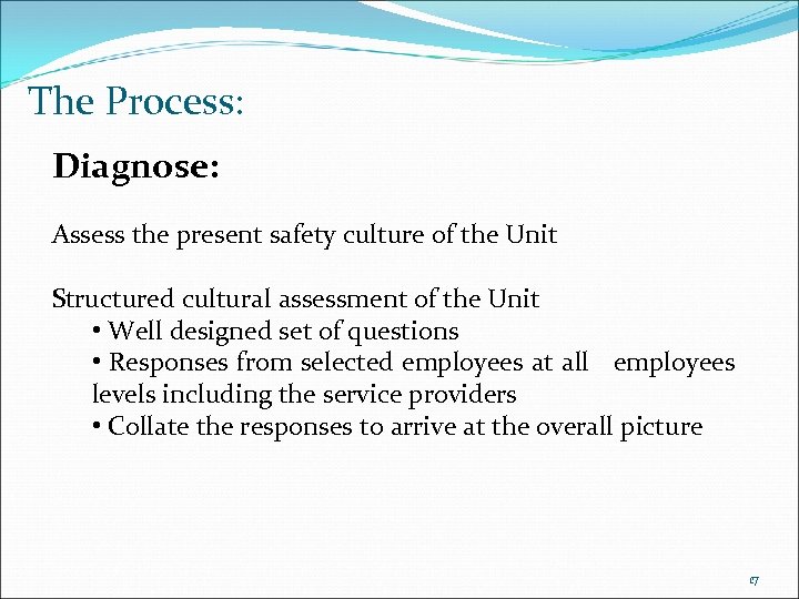 The Process: Diagnose: Assess the present safety culture of the Unit Structured cultural assessment