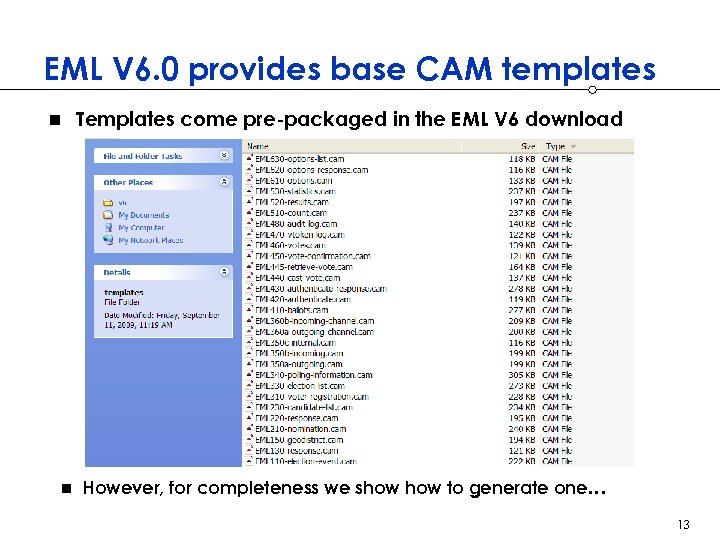 EML V 6. 0 provides base CAM templates n n Templates come pre-packaged in